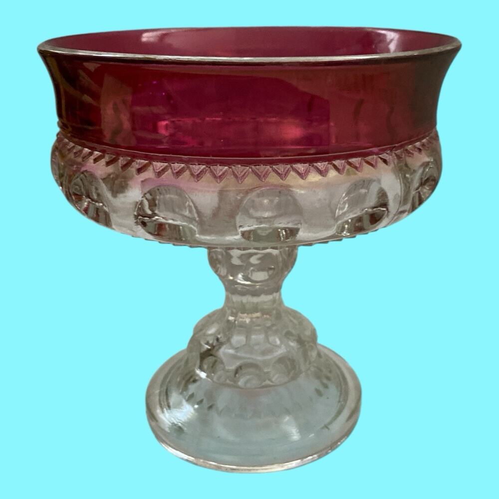 VTG Indiana Glass Kings Crown Thumbprint Ruby Flash Footed Compote Candy Dish